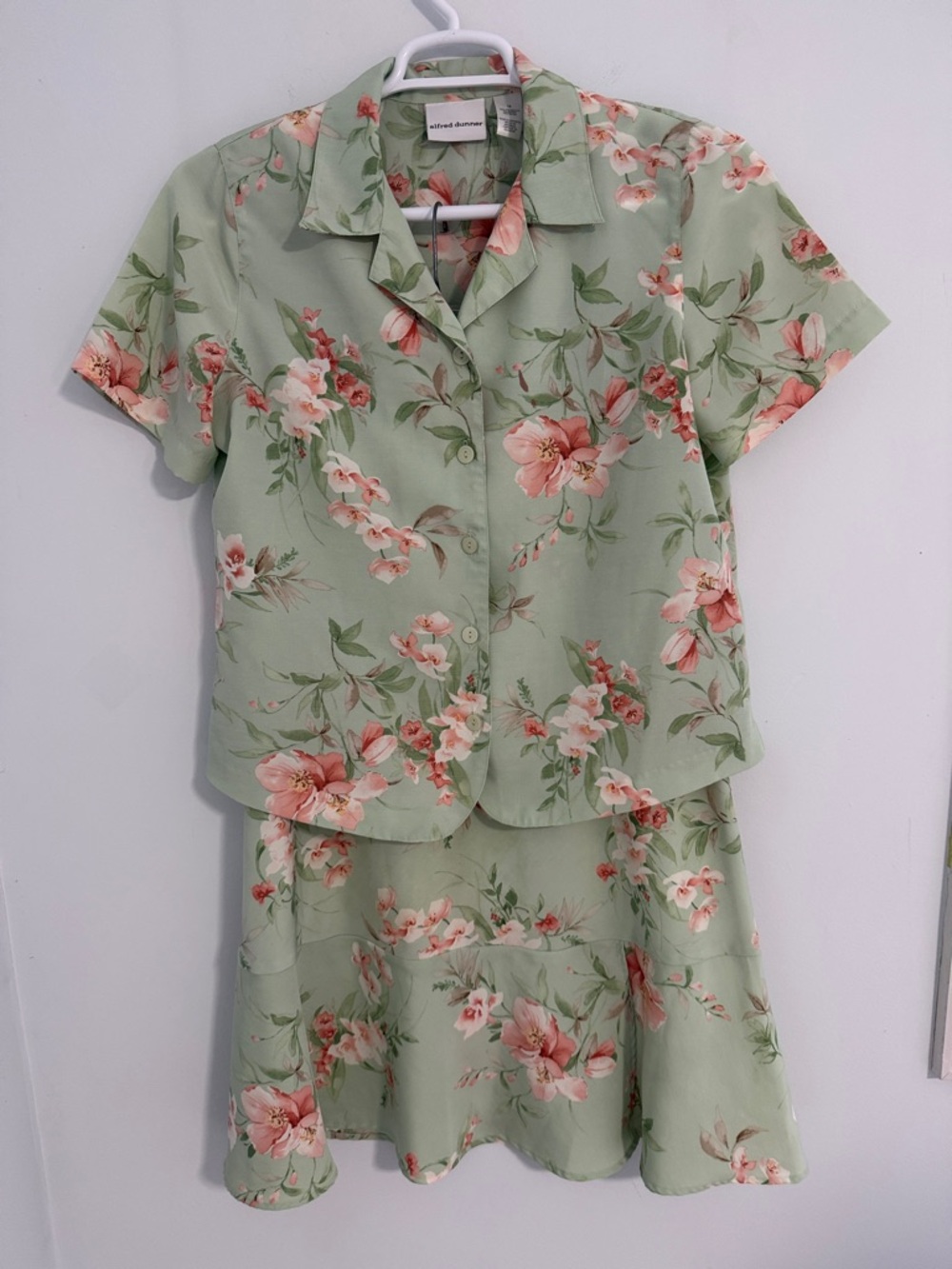 Alfred Dunner Mint Green Floral 2-Piece Skirt Set SZ12 Blouse 12P Skirt